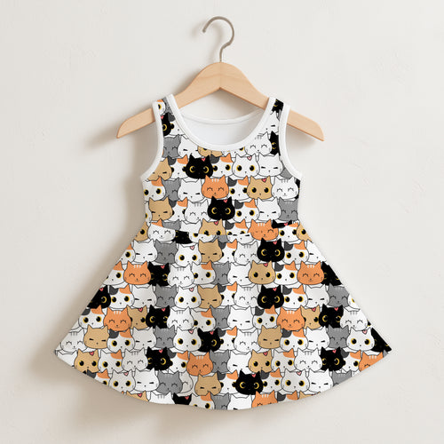 Girls cat face sleeveless dress in white with a flared skirt and colorful cartoon cat pattern in black orange gray and white