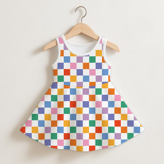 Girls Rainbow Checkerboard Sleeveless Dress