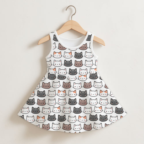 Girls cat sleeveless dress in white with a playful multicolor cartoon cat pattern for casual wear