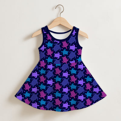 Girls purple sea turtle sleeveless dress navy blue with flared skirt and multicolored turtle pattern