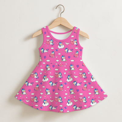 Girls unicorn hearts sleeveless dress in pink with flared skirt and playful cartoon unicorn hearts and clouds pattern