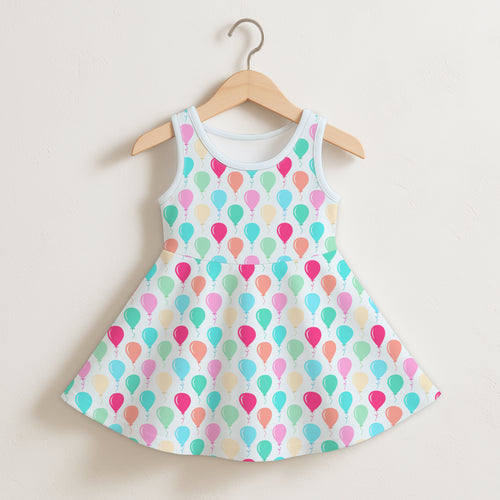 Girls birthday balloons sleeveless dress in white with a flared skirt and pastel pink teal and peach balloon pattern