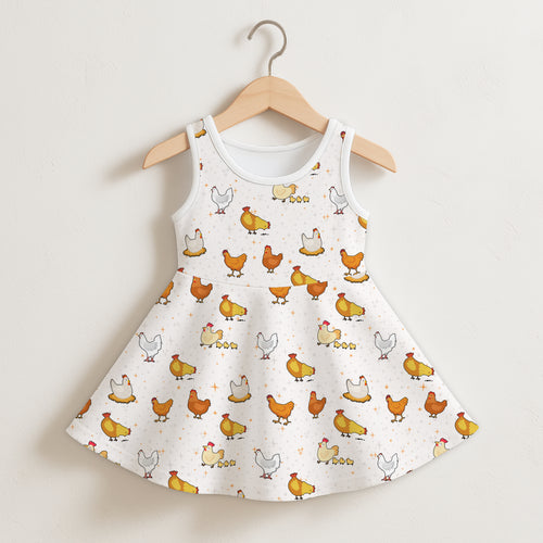 Girls chicken pattern sleeveless dress in white with playful yellow orange and white cartoon chickens for casual wear