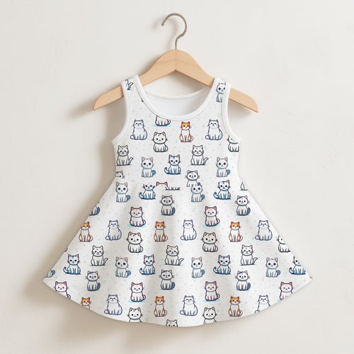 Girls cat pattern sleeveless dress in white featuring a playful cartoon cat print in various colors and poses