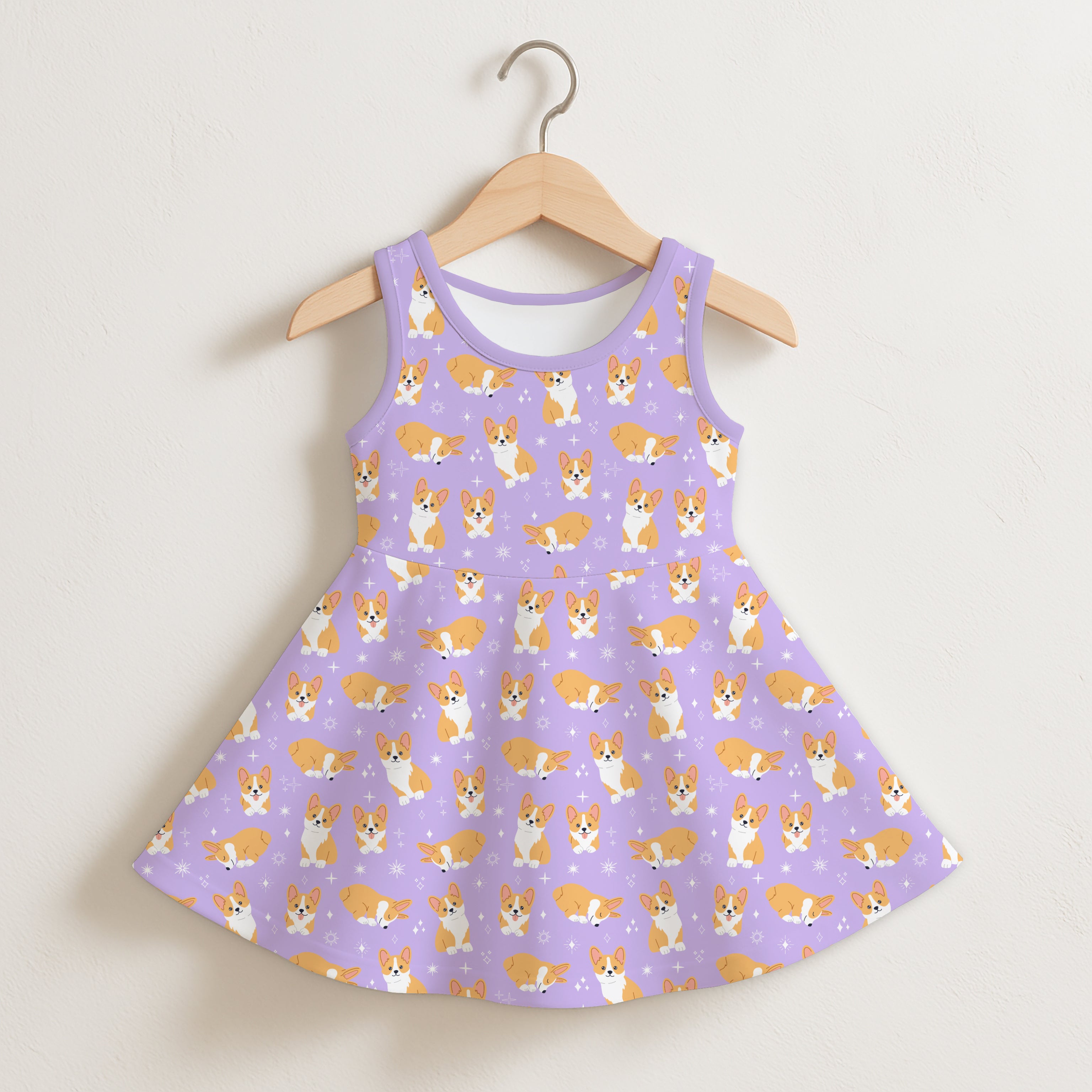 Girls Purple Corgi Dog Sleeveless Dress