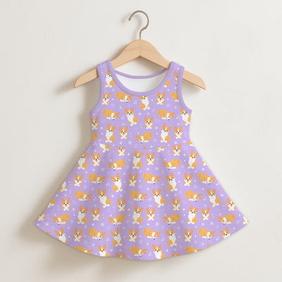 Girls Purple Corgi Dog Sleeveless Dress
