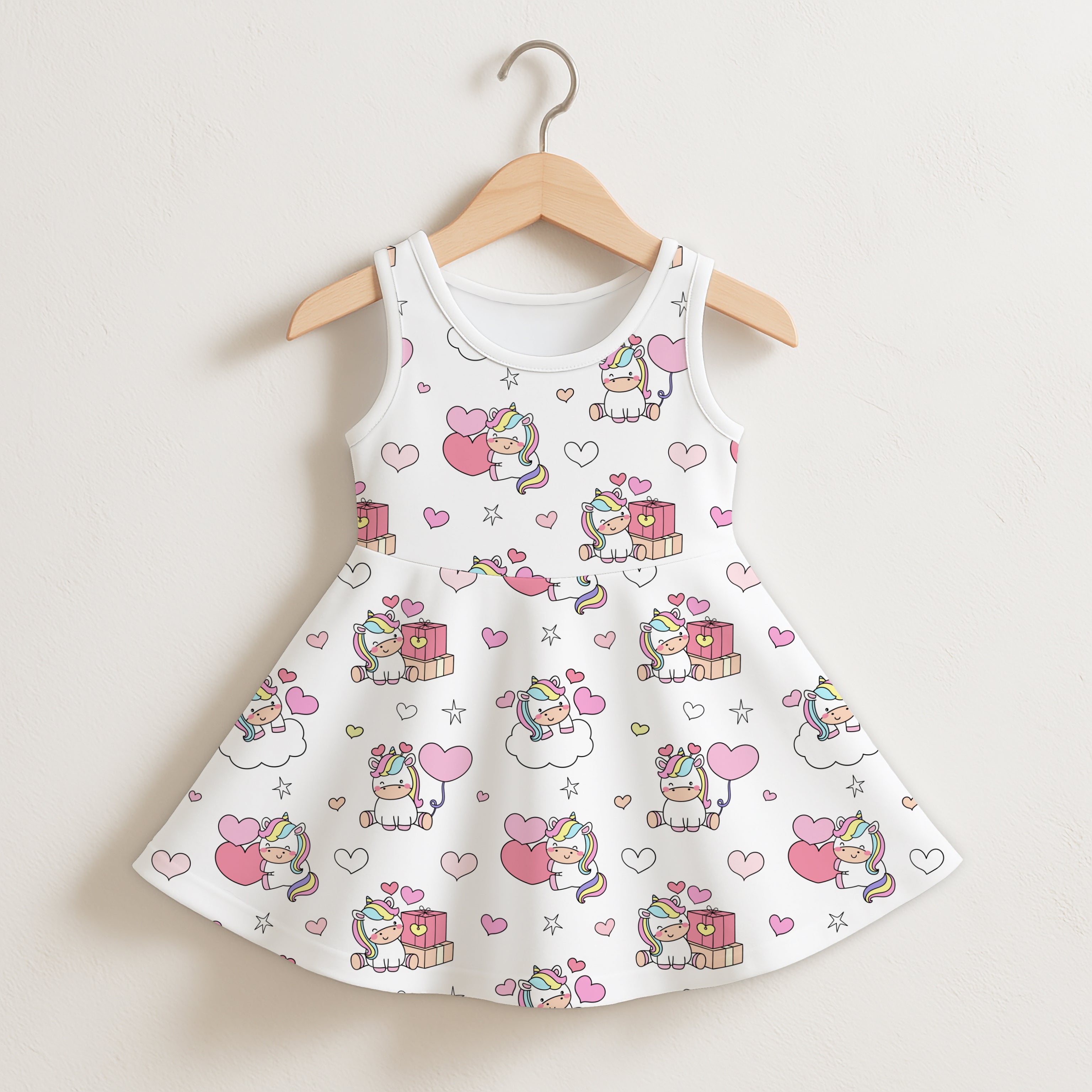 Girls birthday unicorn sleeveless dress in white with cartoon unicorn pattern on soft fabric for children