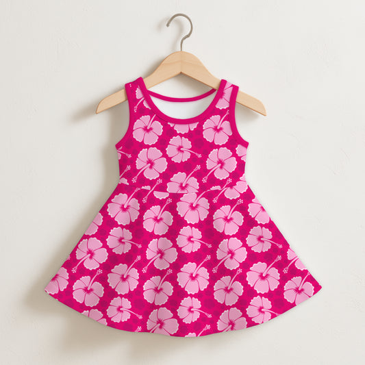 Girls Tropical Pink Hibiscus Sleeveless Dress