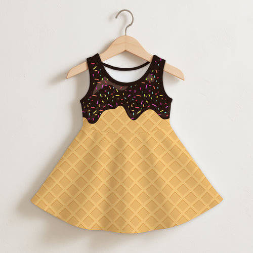 Girls chocolate ice cream cone sleeveless dress with black mesh top and yellow textured skirt resembling a waffle cone