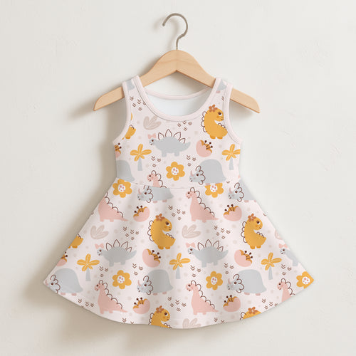 A charming white sleeveless toddler dress with yellow gray and pink cartoon dinosaurs and floral palm tree patterns