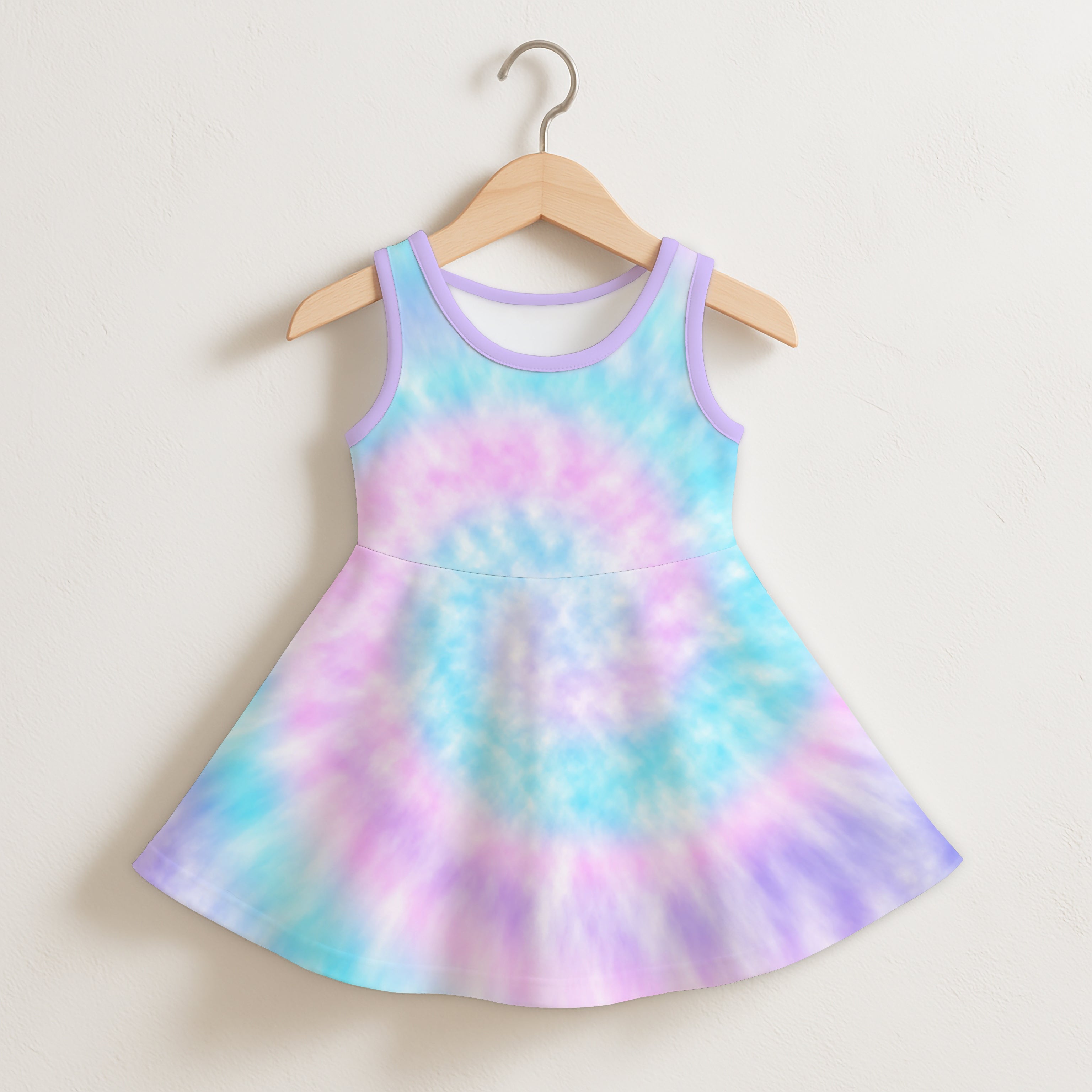 Girls pastel tie dye sleeveless dress featuring a pastel tie dye pattern with a flared skirt and lavender trim