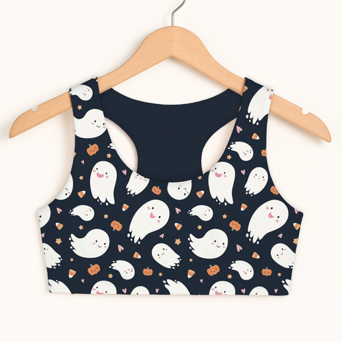 Girls ghost Halloween sports bra navy blue with white ghosts orange pumpkins and candy corn quick drying double layered comfort