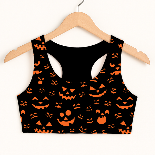 Girls Orange Jack-O'-Lantern Faces Halloween Sports Bra