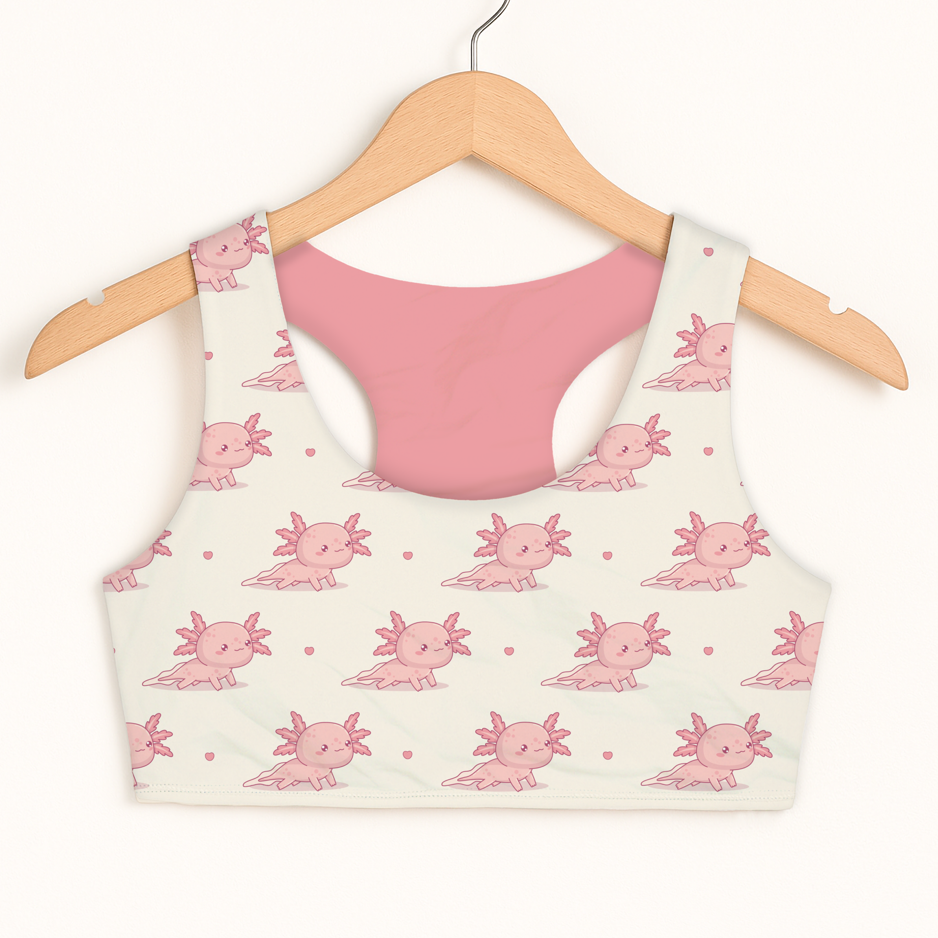 Girls Pink Axolotl Pattern Sports Bra - Quick Drying, Double Layered Comfort