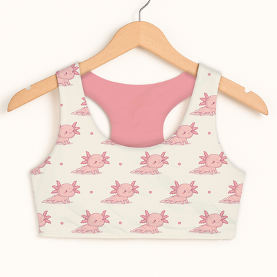 Girls Pink Axolotl Pattern Sports Bra - Quick Drying, Double Layered Comfort