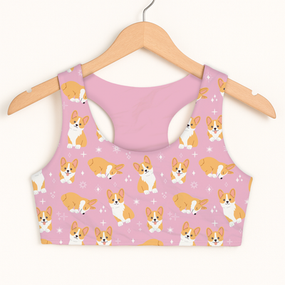 Girls Pink Corgi Dog Sports Bra - Quick Drying, Double Layered Comfort