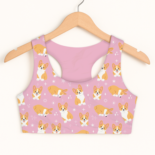 Girls Pink Corgi Dog Sports Bra