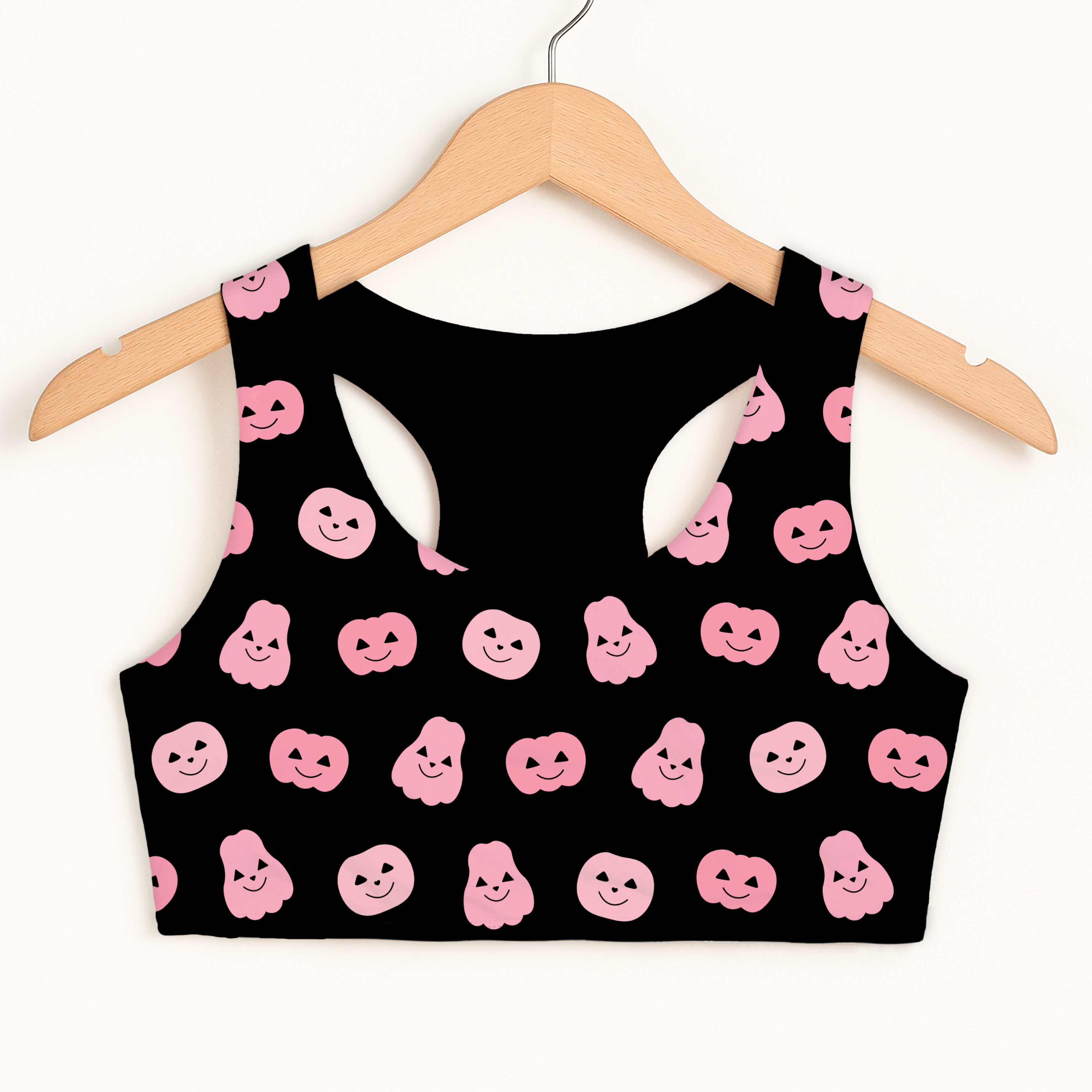 Girls pink pumpkins halloween sports bra black crop top with pink smiling pumpkin and ghost patterns double layered comfort