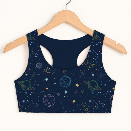 Girls colorful galaxy space sports bra in navy blue with quick drying fabric and double layered comfort features