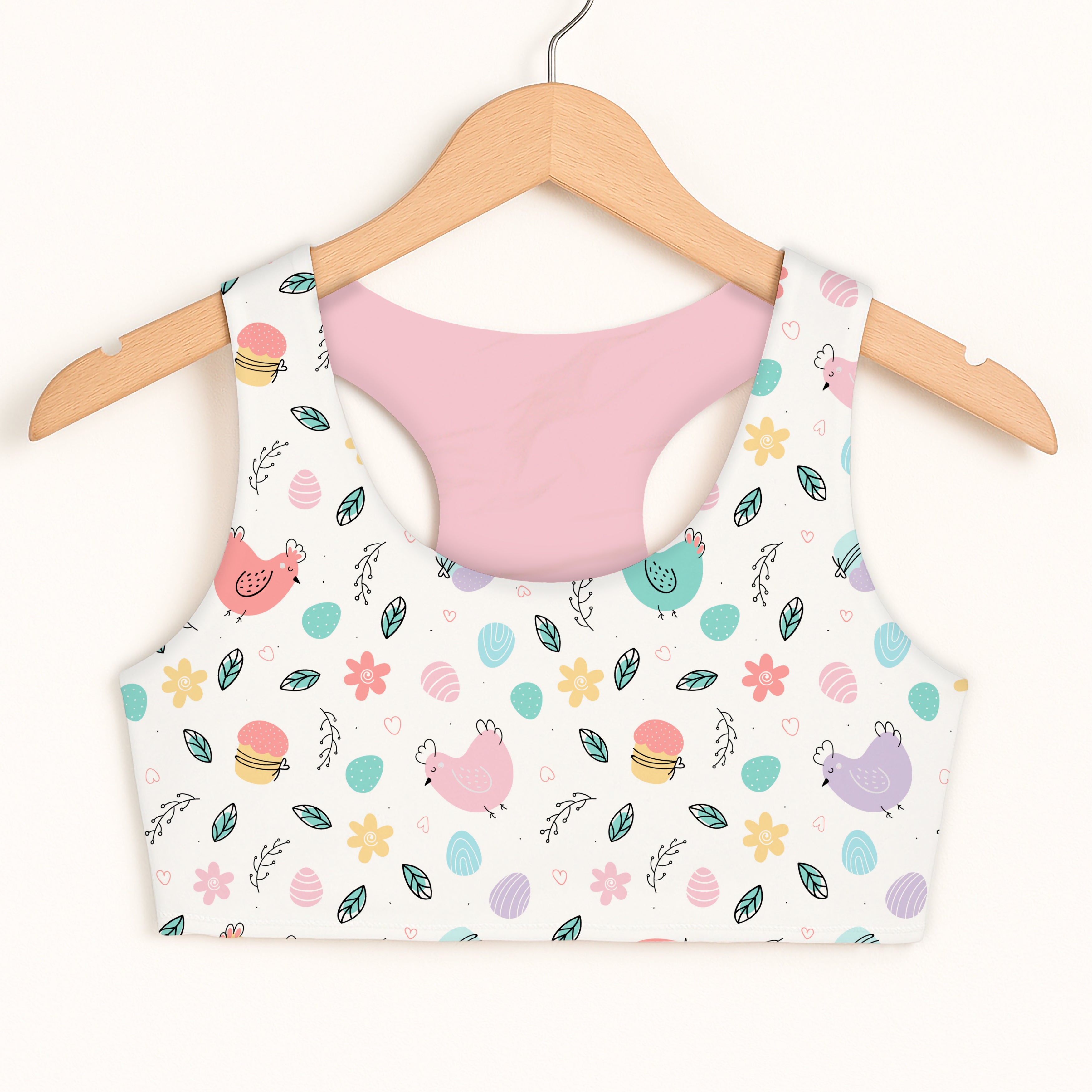 Girls pastel easter bird white cropped tank top with double layered comfort and quick drying fabric featuring colorful chicks and eggs