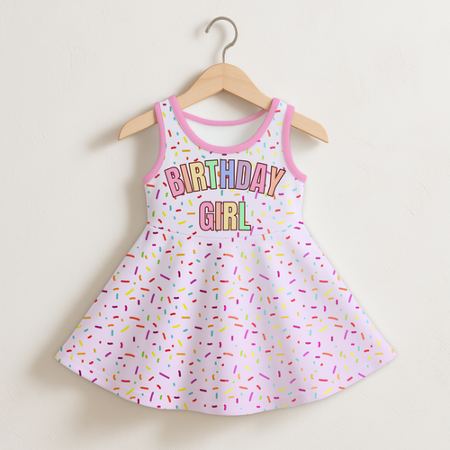 Pink and white sleeveless dress with birthday girl rainbow graphic and colorful sprinkle patterns for celebrations