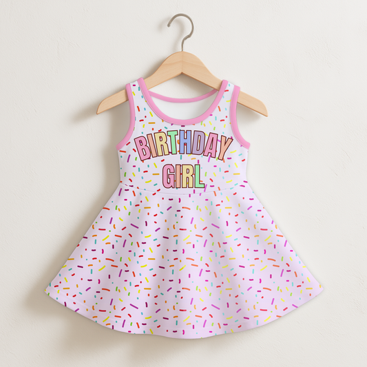 Children's dress with 'Birthday Girl' text and sprinkles on a hanger against a beige background