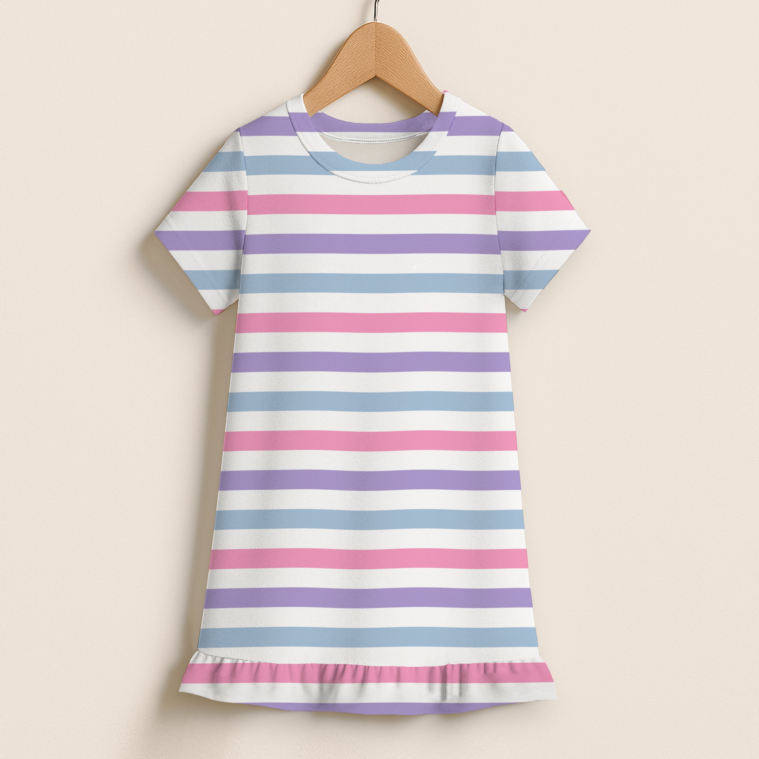 Girls pastel stripes short sleeve ruffle hem dress with pink lavender and light blue horizontal bands on white base