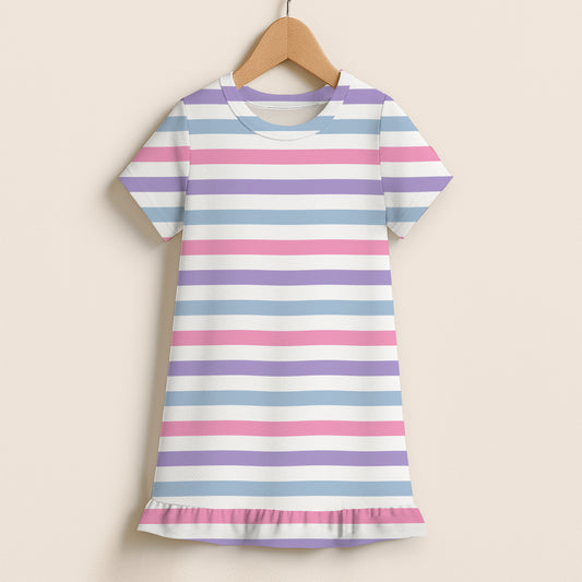Girls Pastel Stripes Short Sleeve Ruffle Hem Dress
