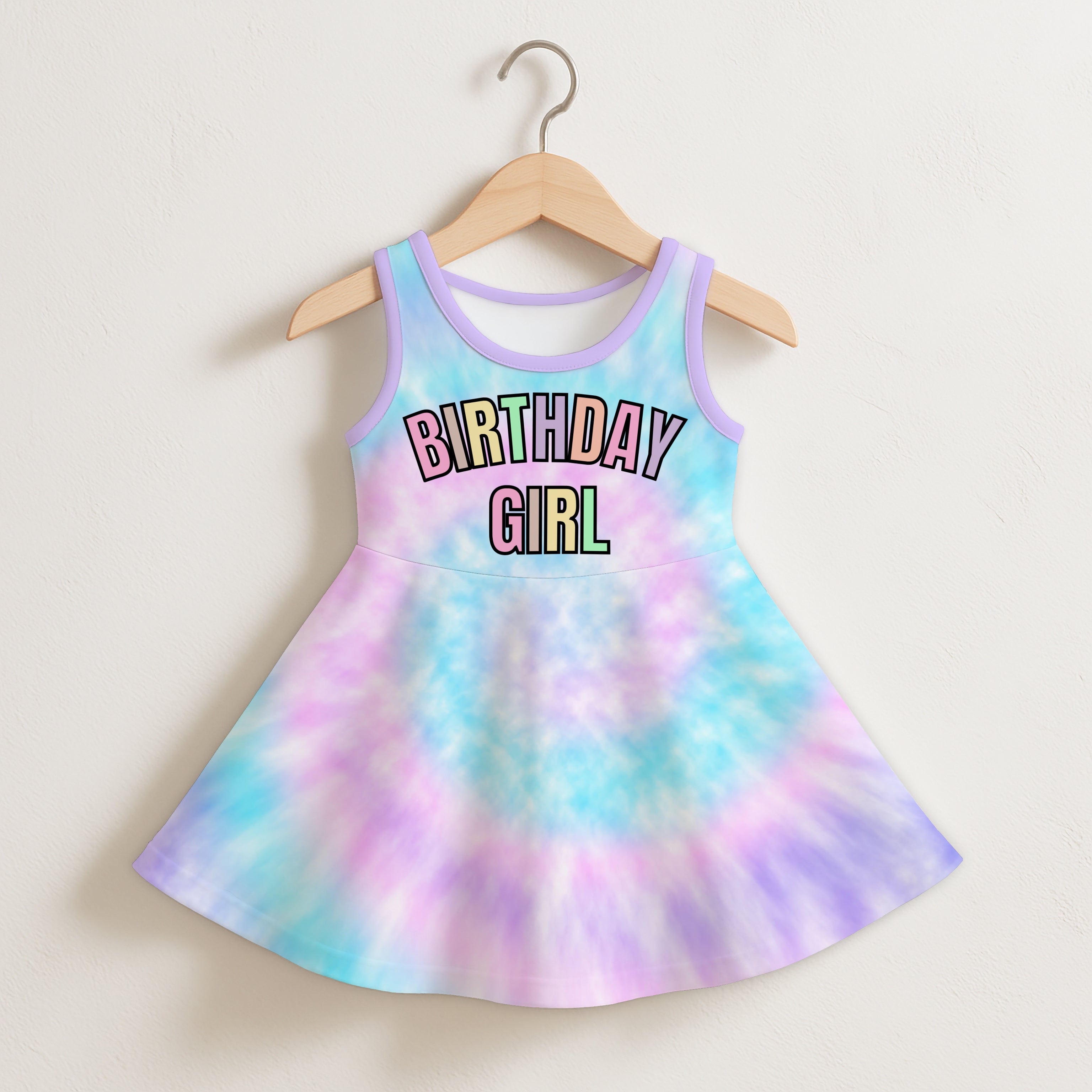 Girls birthday girl pastel tie dye sleeveless toddler dress with colorful outlined letters across the chest