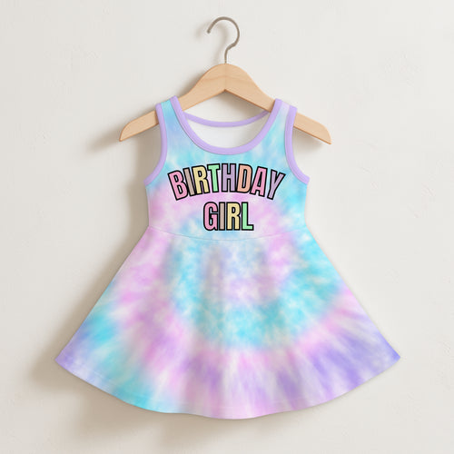 Girls birthday girl pastel tie dye sleeveless toddler dress with colorful outlined letters across the chest