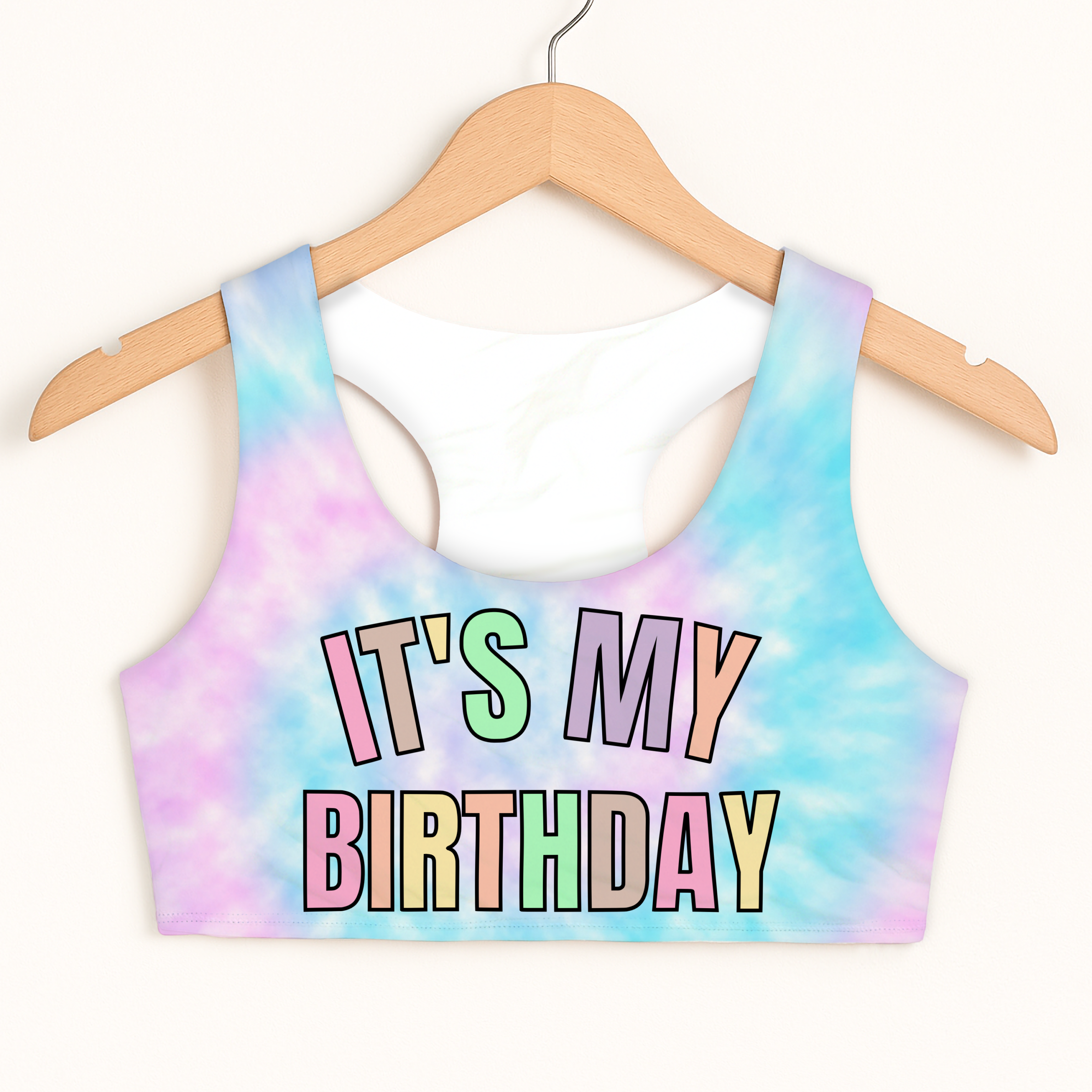 Girls it’s my birthday pastel faux tie dye crop top with colorful lettering quick drying double layered comfort
