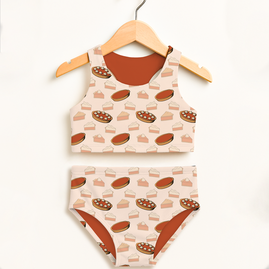 Girls Pumpkin Pie Thanksgiving Two Piece Swimsuit – Double Layered UPF 50+ High Waisted Comfort