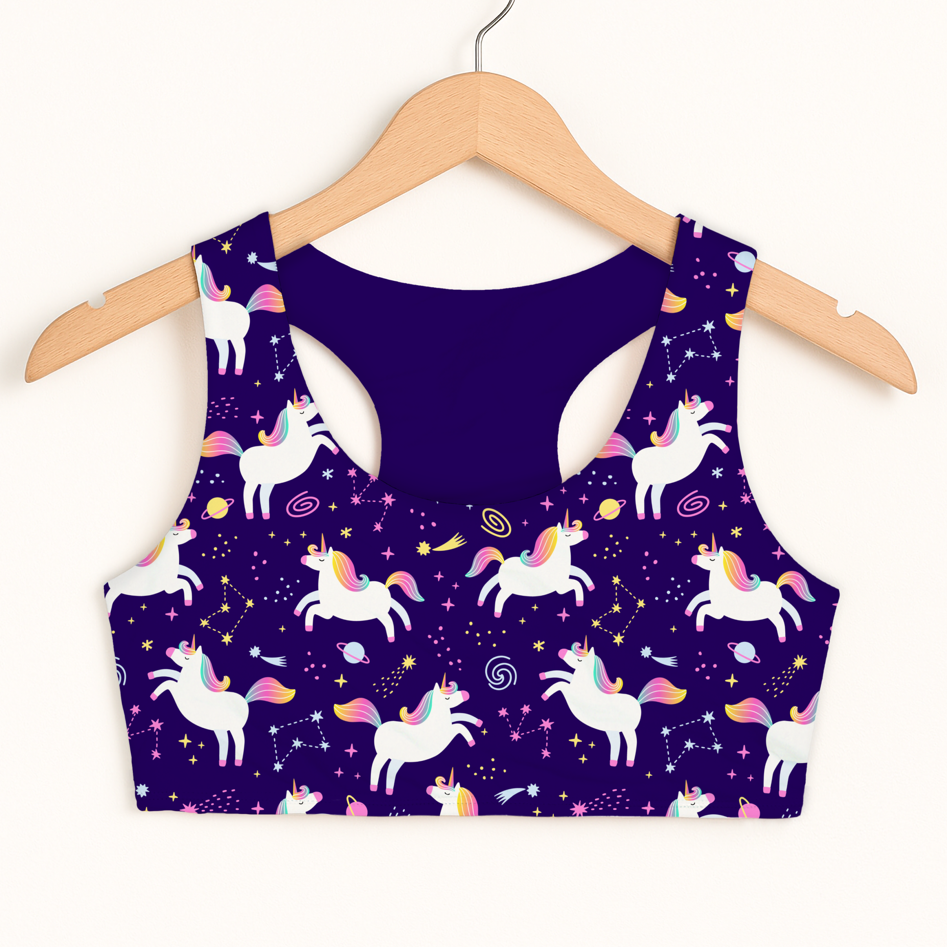 Girls Space Unicorn Sports Bra - Quick Drying, Double Layered Comfort