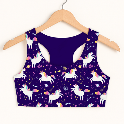 Girls Space Unicorn Sports Bra - Quick Drying, Double Layered Comfort