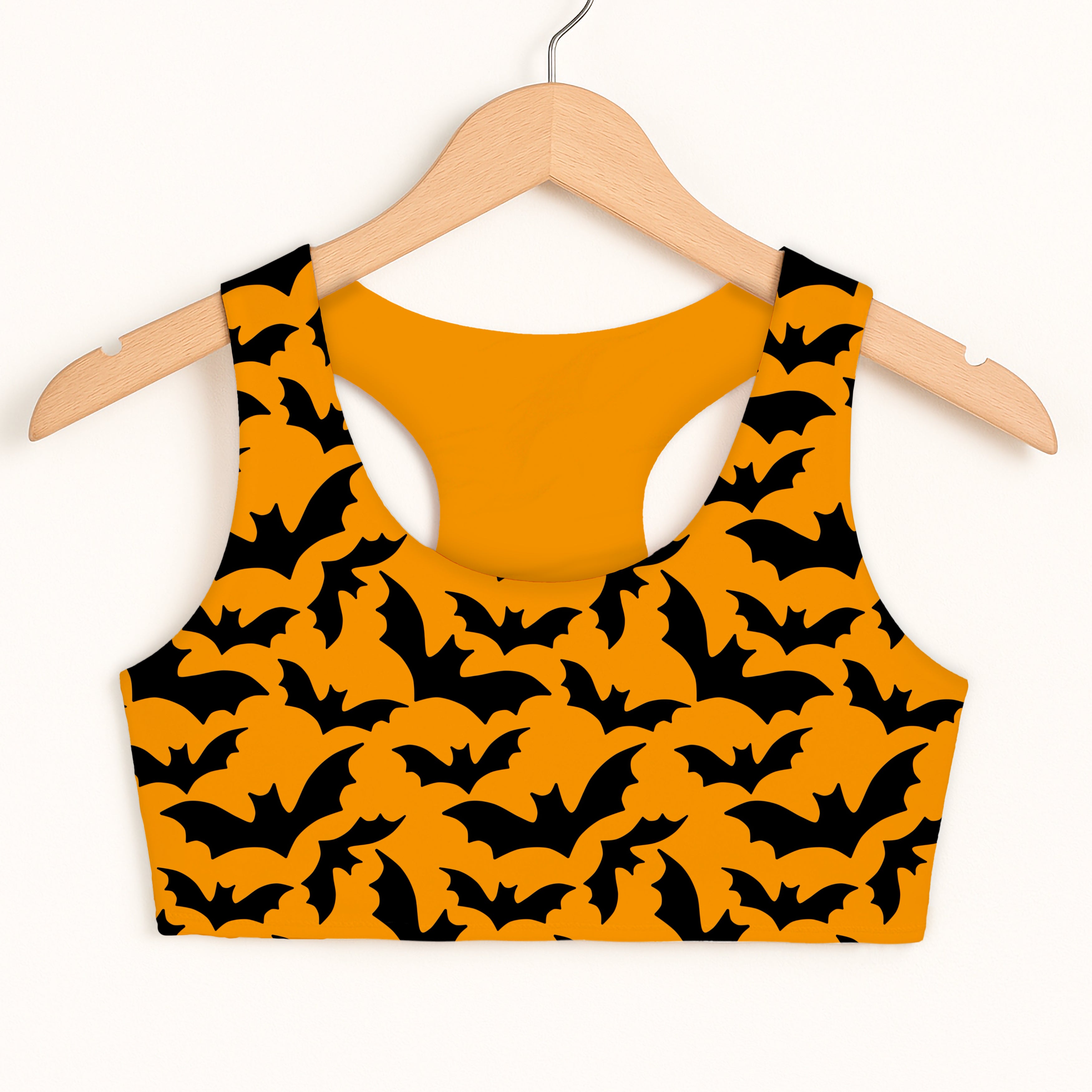 Girls Orange Halloween Bats Sports Bra - Quick Drying, Double Layered Comfort