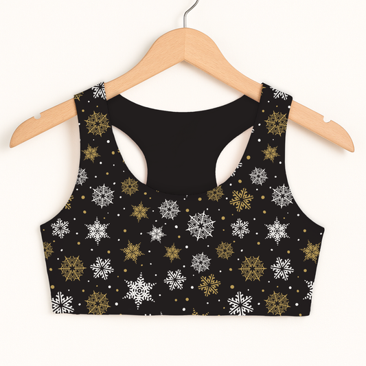 Girls Gold and White Snowflake Sports Bra — Quick Drying, Double Layered Comfort