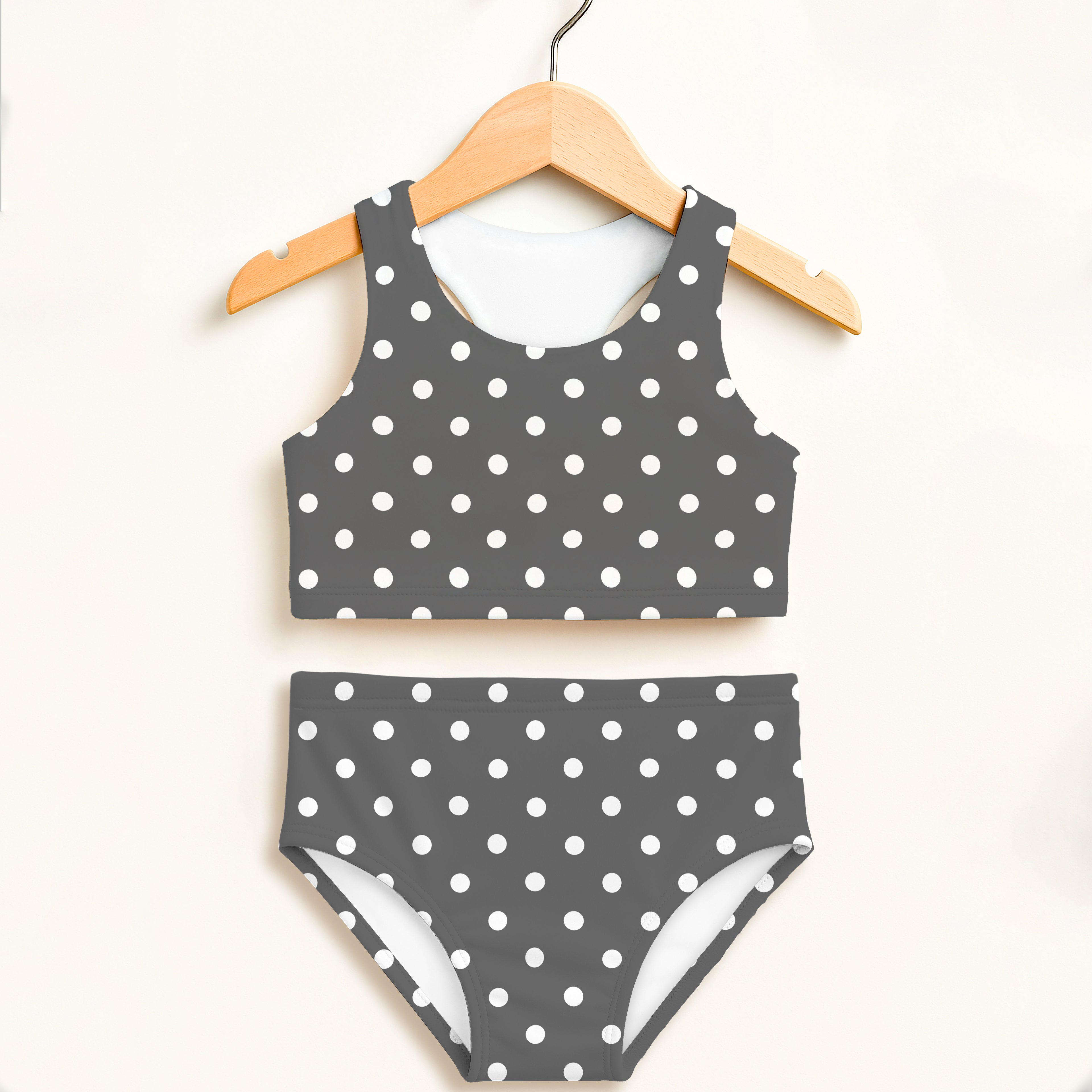 Girls gray polka dot two piece swimsuit with white dots racerback top double layered upf 50 plus high waisted comfort