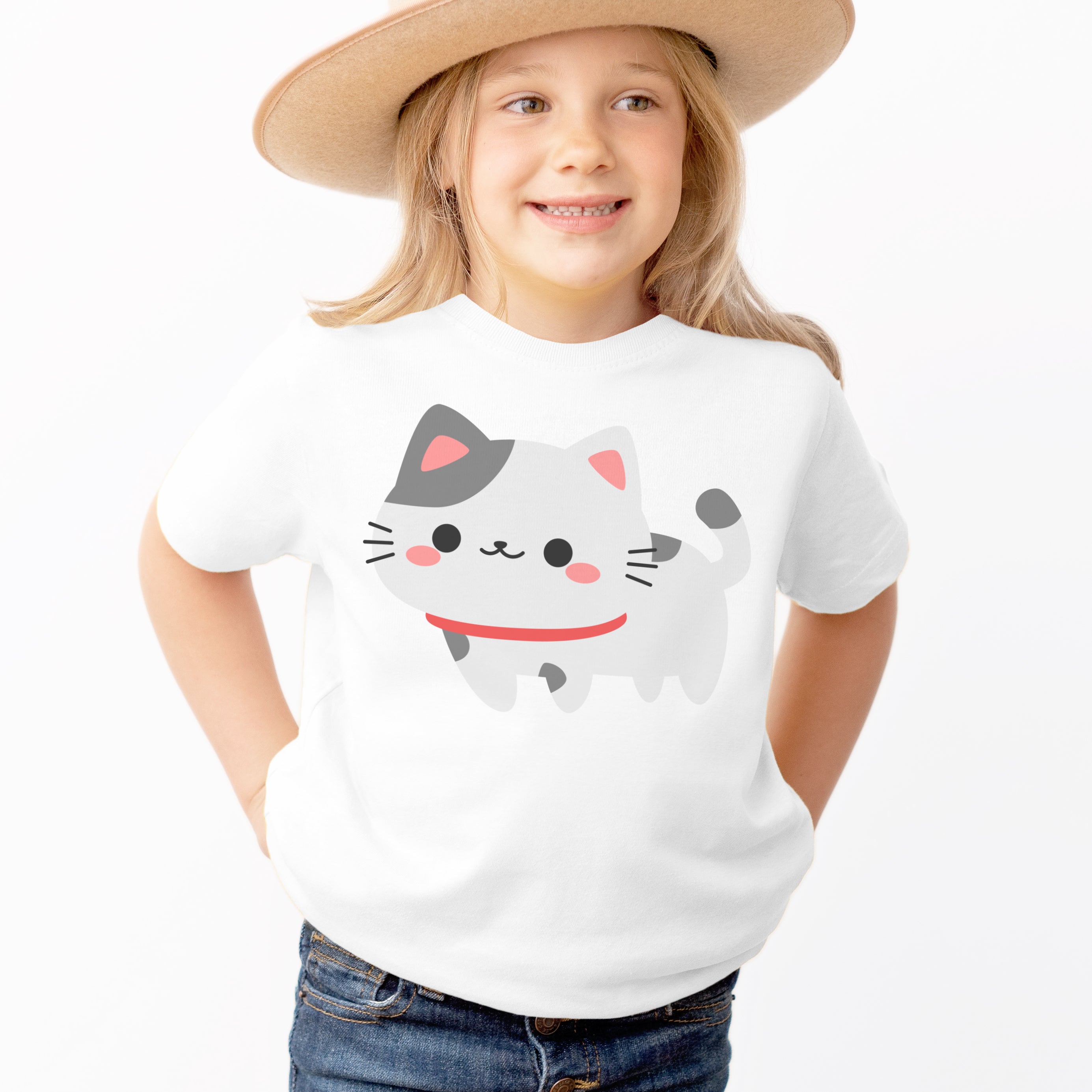 Kids Gray Cat T-Shirt - Soft Lightweight Cotton Tee