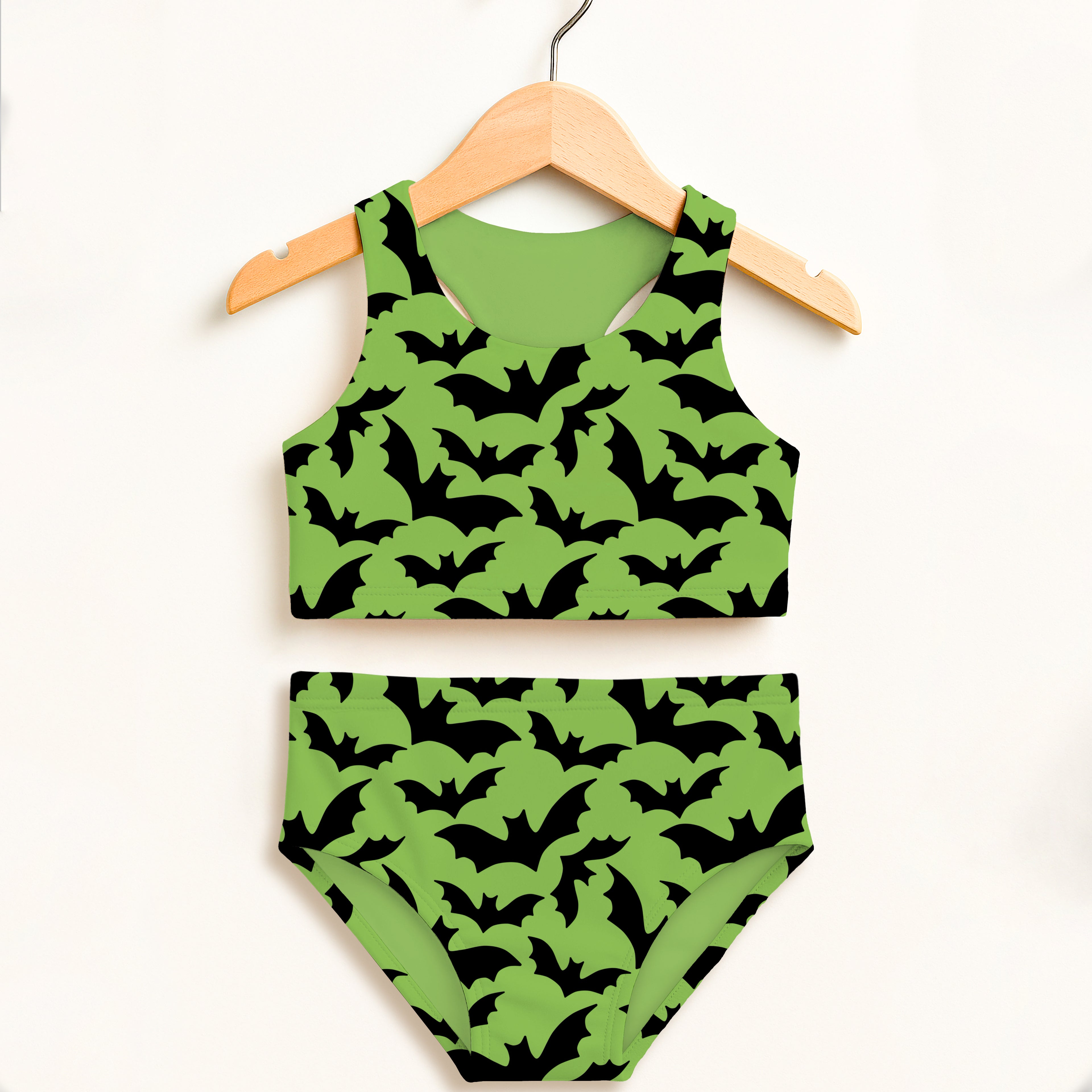 Girls Green Bat Two Piece Swimsuit – Double Layered UPF 50+ High Waisted Comfort