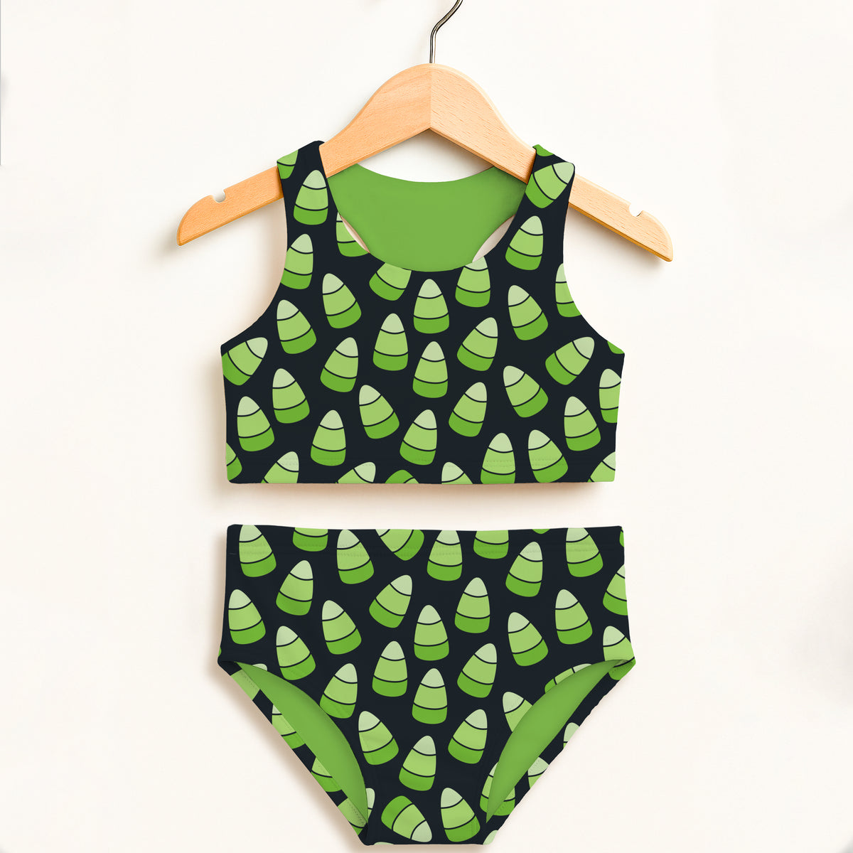Girls Green Candy Corn Halloween Two Piece Swimsuit – Double Layered UPF 50+ High Waisted Comfort
