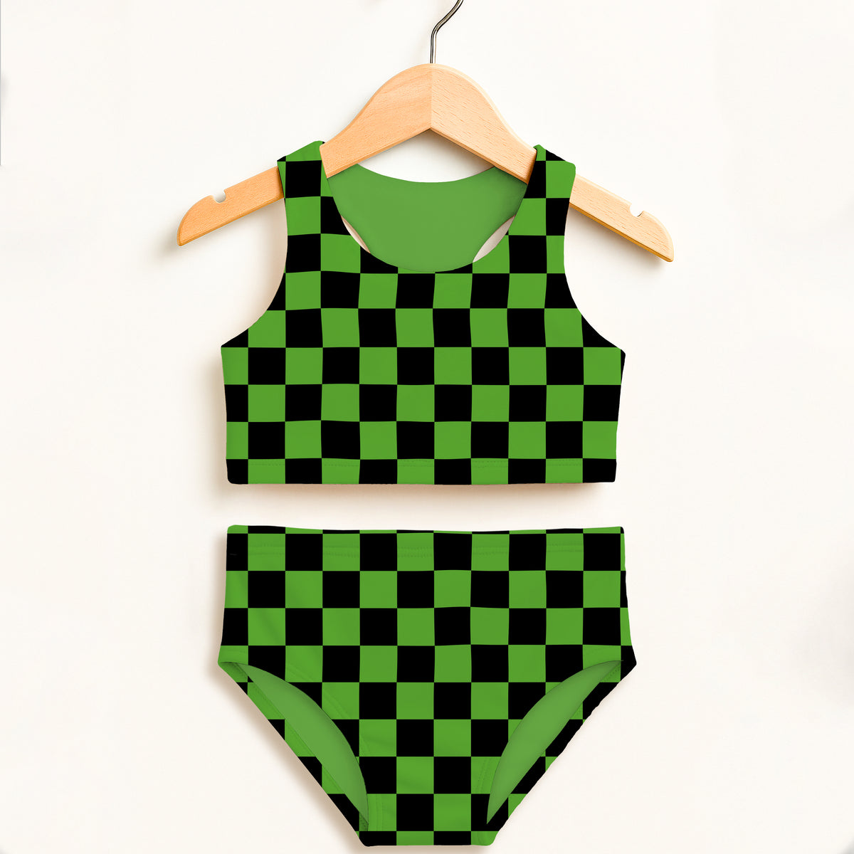 Girls Green Checkered Halloween Two Piece Swimsuit – Double Layered UPF 50+ High Waisted Comfort
