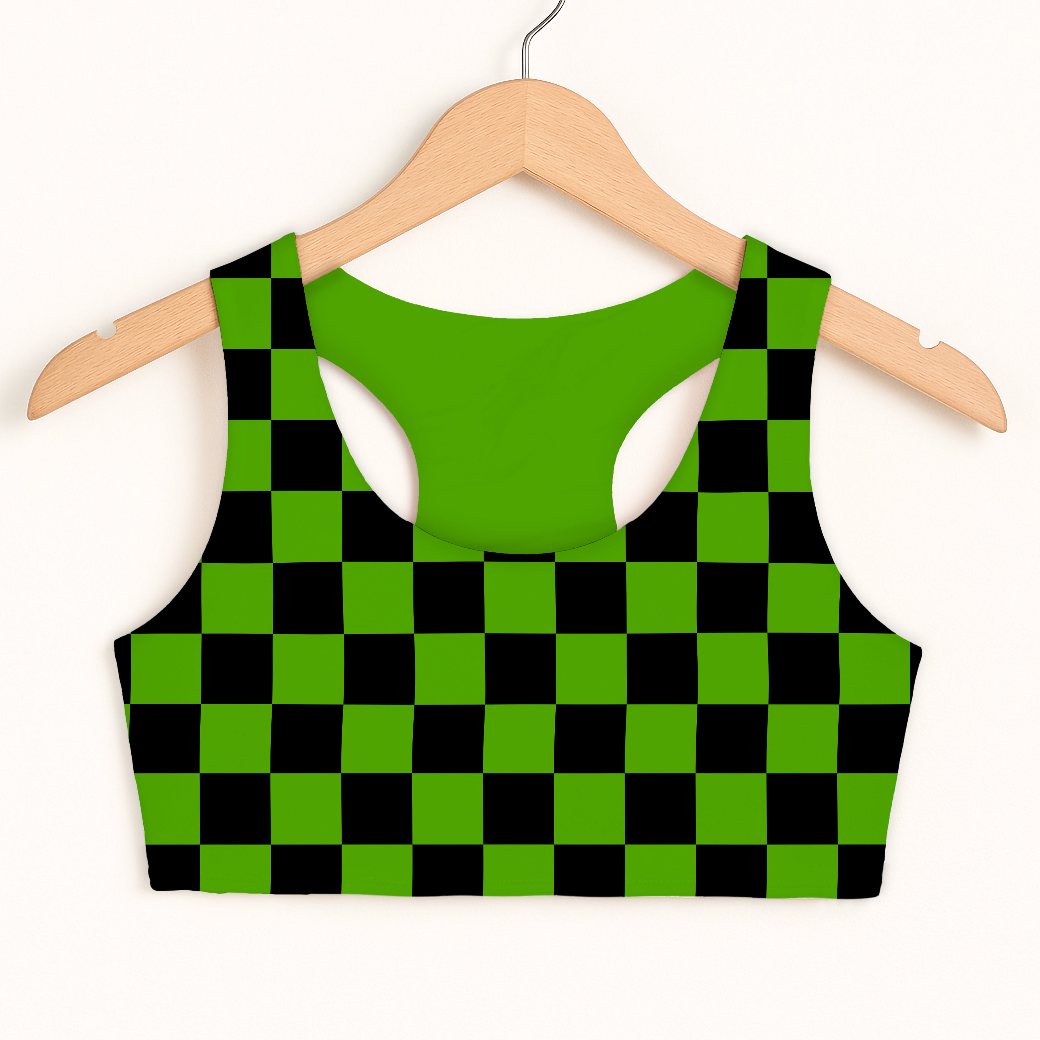 Girls Green Checkered Halloween Sports Bra - Quick Drying, Double Layered Comfort