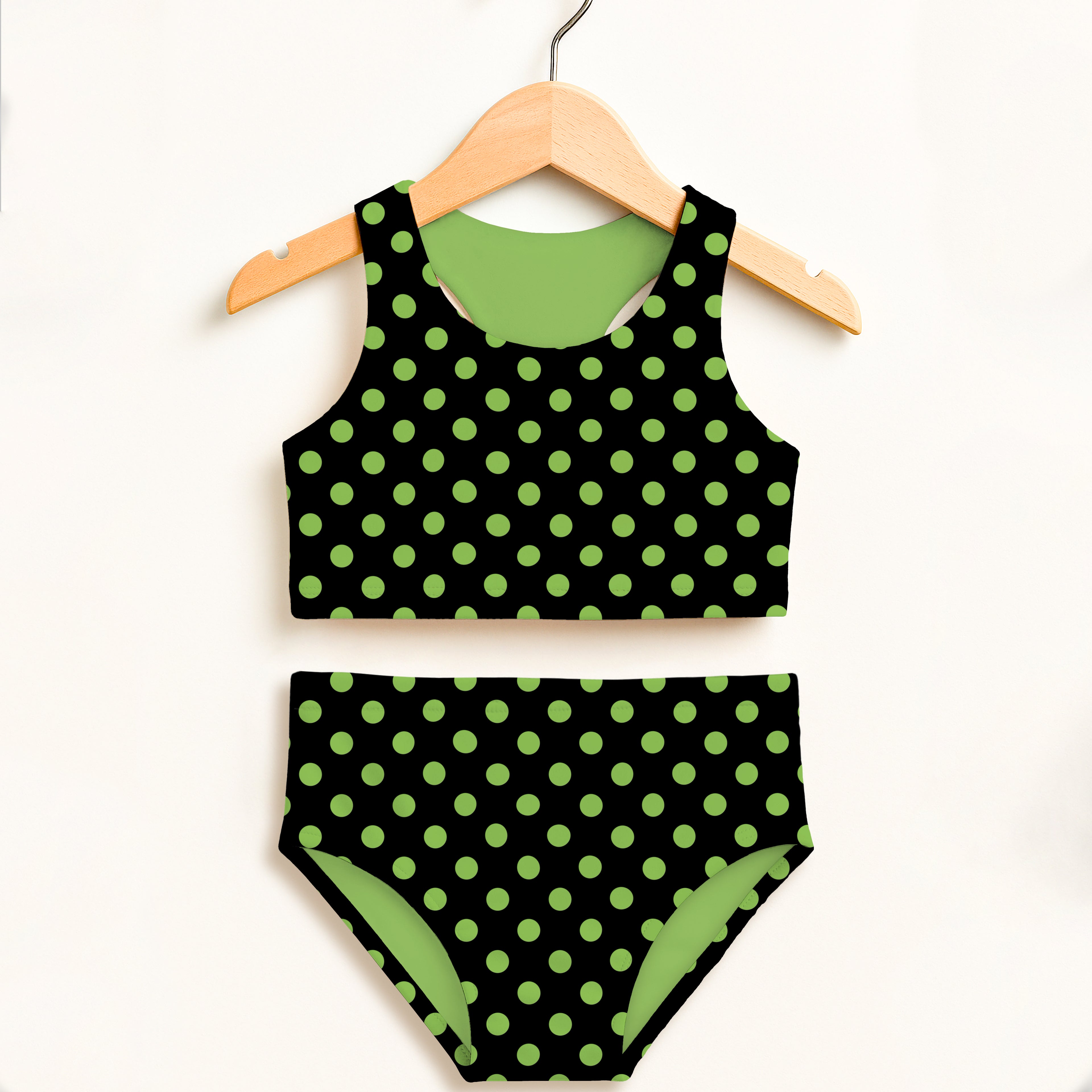 Girls Green Halloween Polka Dot Two Piece Swimsuit – Double Layered UPF 50+ High Waisted Comfort