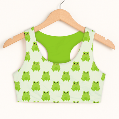 Girls Green Frog Sports Bra - Quick Drying, Double Layered Comfort