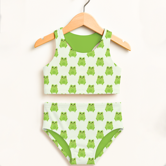 Girls Green Frog Two Piece Swimsuit – High Waisted, Double Layered Comfort