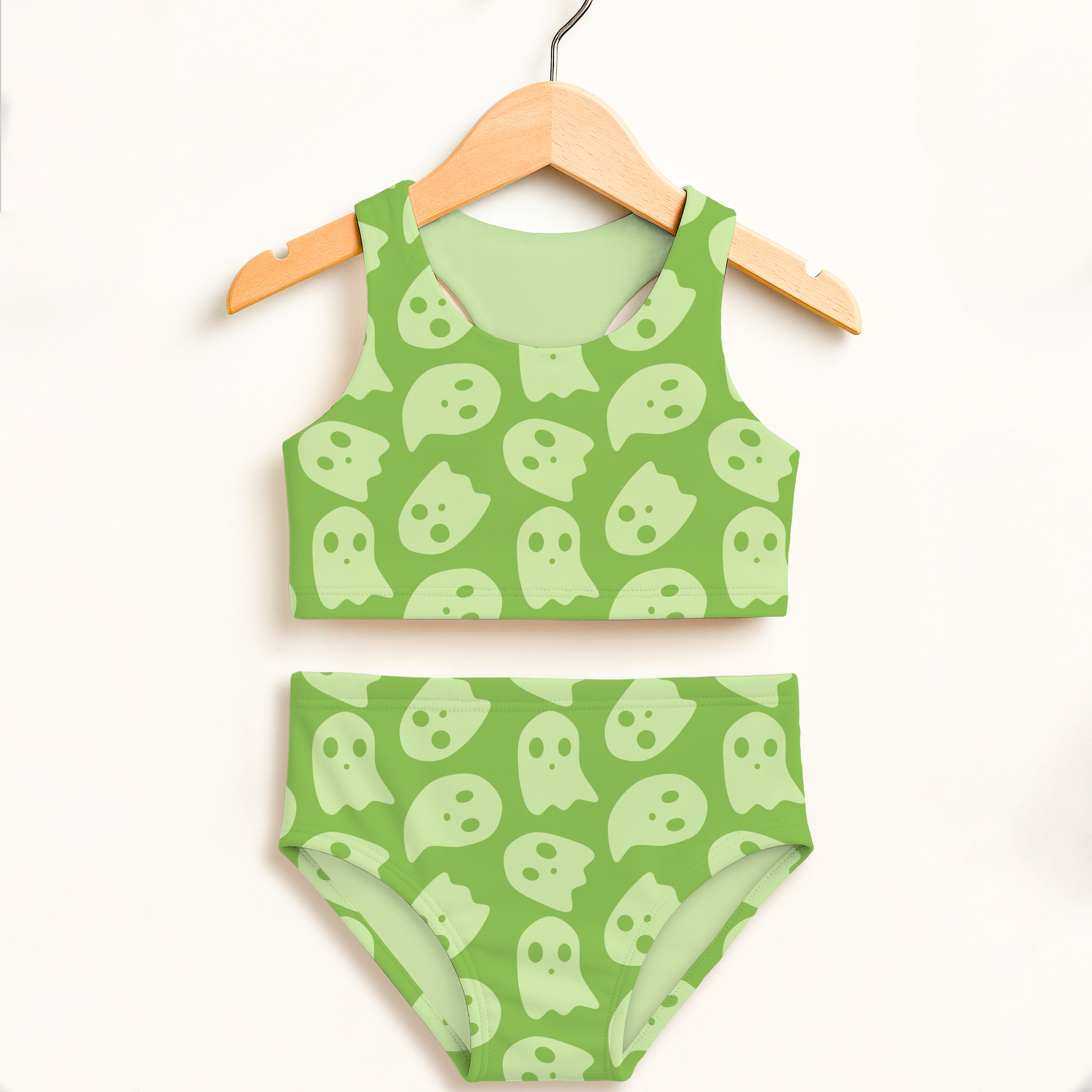 Girls Green Ghost Halloween Two Piece Swimsuit – Double Layered UPF 50+ High Waisted Comfort