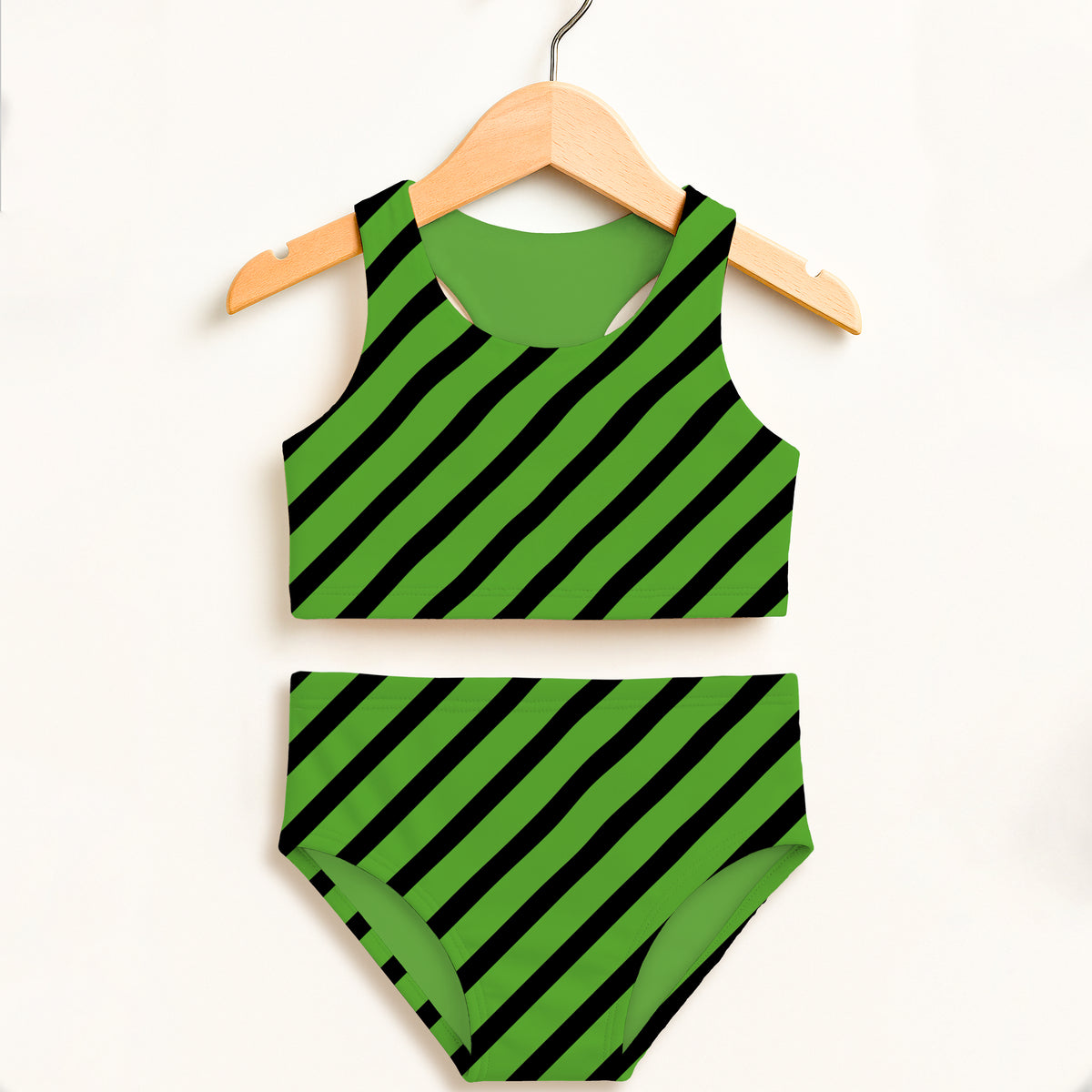 Girls Green Diagonal Stripes Halloween Two Piece Swimsuit – Double Layered UPF 50+ High Waisted Comfort