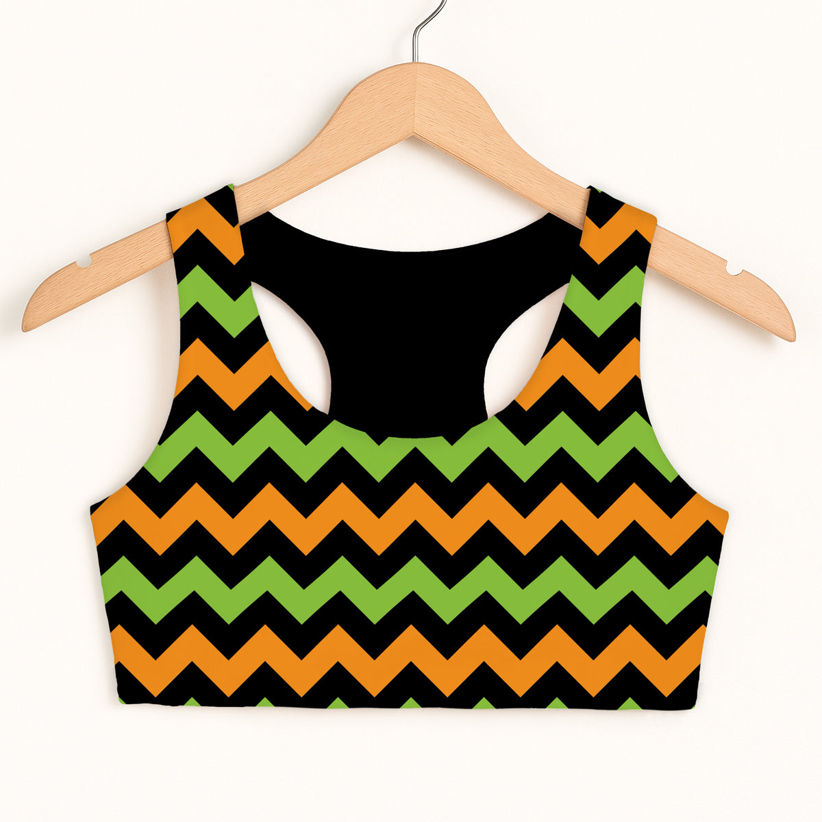 Girls Orange & Green Chevron Halloween Sports Bra - Quick Drying, Double Layered Comfort