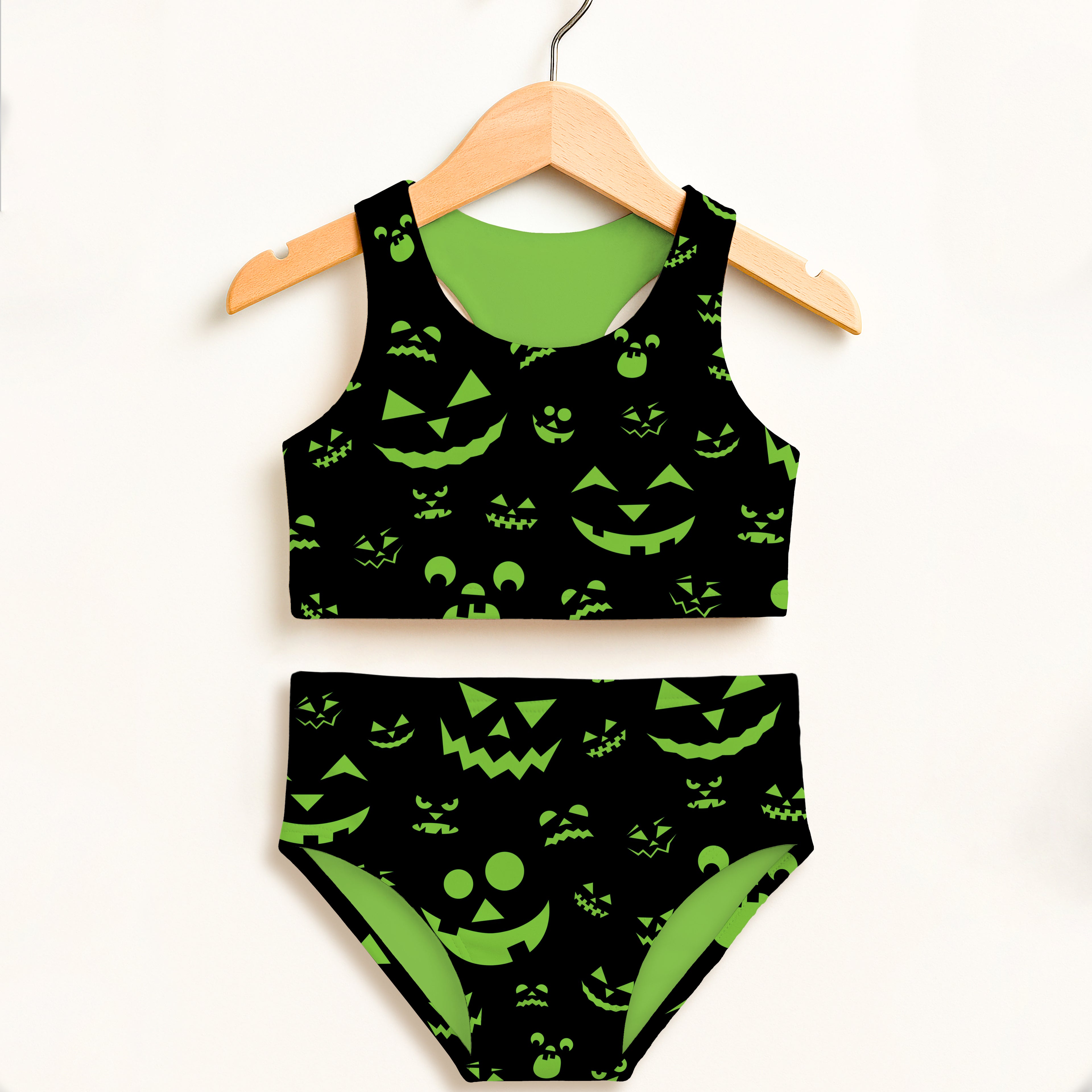Girls Green Jack-O’-Lantern Halloween Two Piece Swimsuit – Double Layered UPF 50+ High Waisted Comfort
