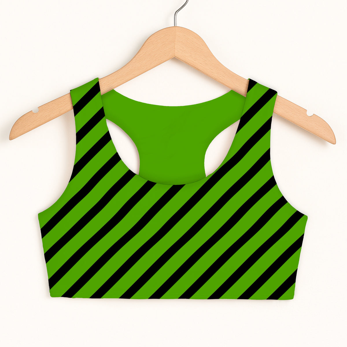 Girls Green & Black Diagonal Striped Halloween Sports Bra - Quick Drying, Double Layered Comfort